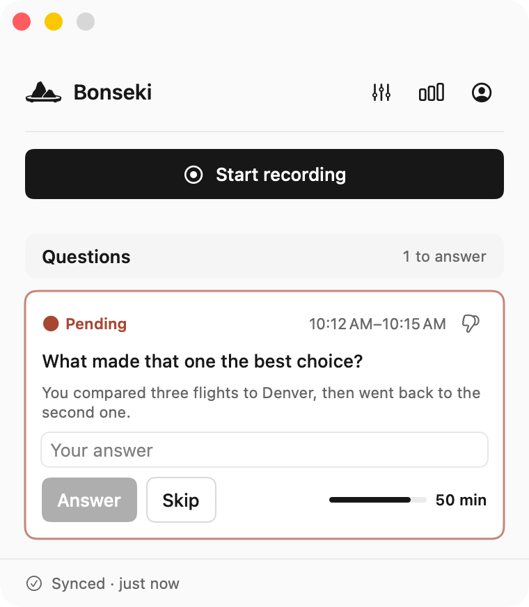 The Bonseki Capture app with a question to answer